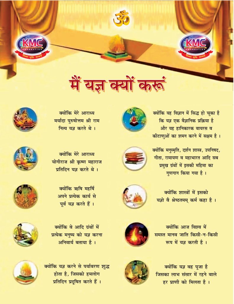 Infographic text layout explaining 10 reasons to perform Yagya by KMC Foundation.